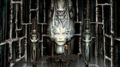 A screenshot from the 1992 point-and-click horror game 'Dark Seed', which is based on the art of H.R. Giger.